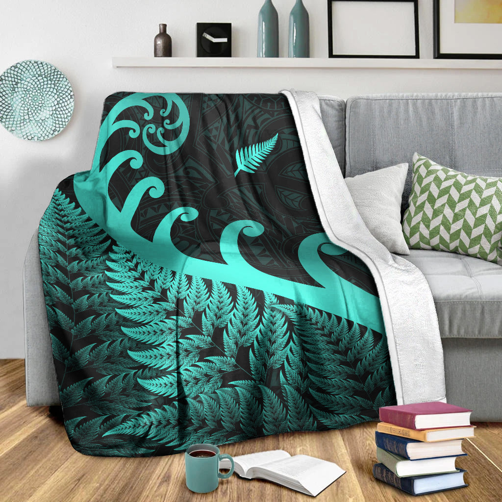 New Zealand Rugby Maori Premium Blanket Silver Fern Koru Vibes - Turquoise - Vibe Hoodie Shop