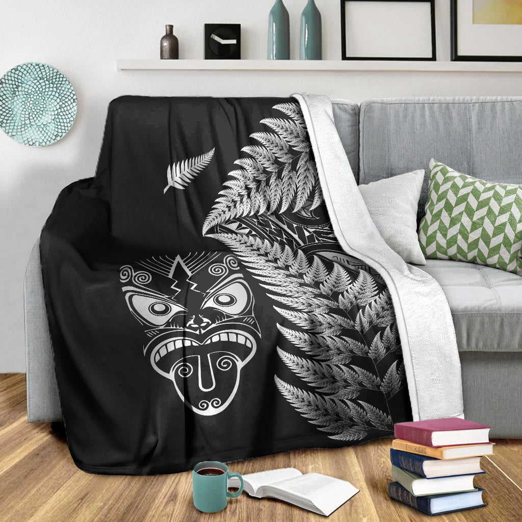 New Zealand Haka Rugby Maori Premium Blanket Silver Fern Vibes - Black - Vibe Hoodie Shop