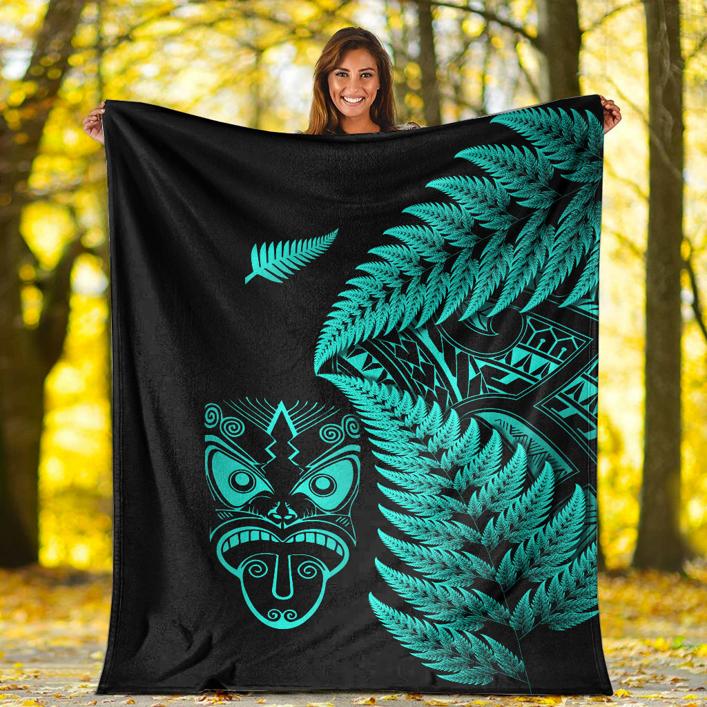 New Zealand Haka Rugby Maori Premium Blanket Silver Fern Vibes - Turquoise - Vibe Hoodie Shop