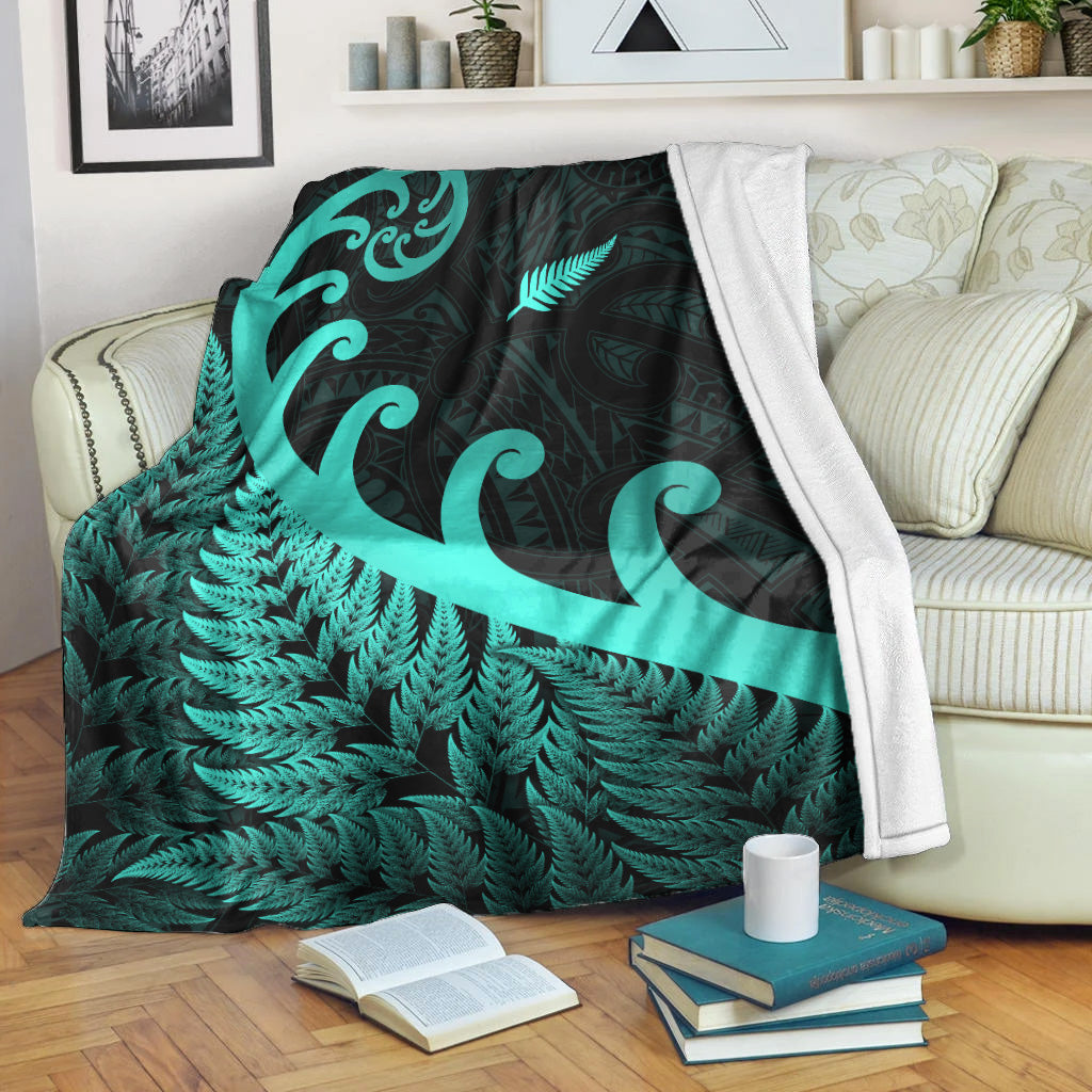New Zealand Rugby Maori Premium Blanket Silver Fern Koru Vibes - Turquoise - Vibe Hoodie Shop