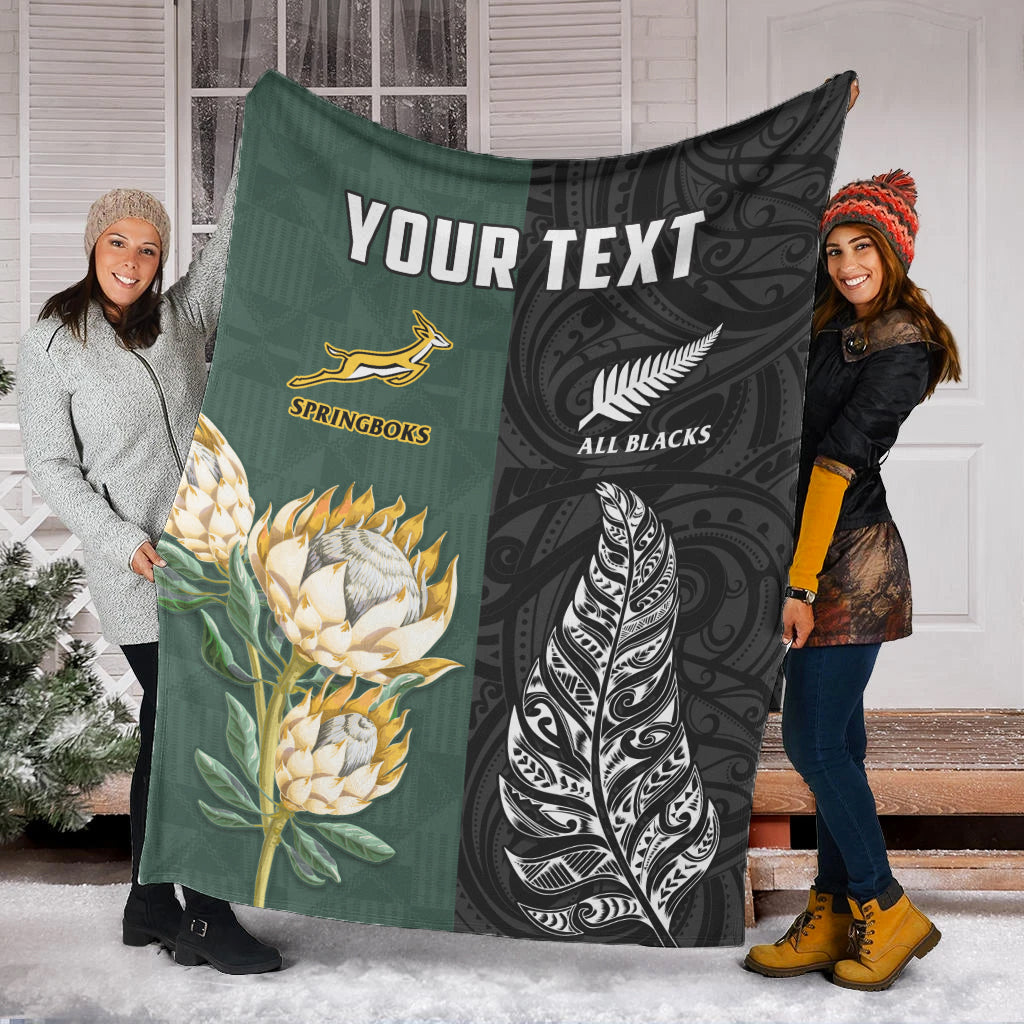 (Custom Personalised) South Africa Protea and New Zealand Fern Premium Blanket Rugby Go Springboks vs All Black - Vibe Hoodie Shop