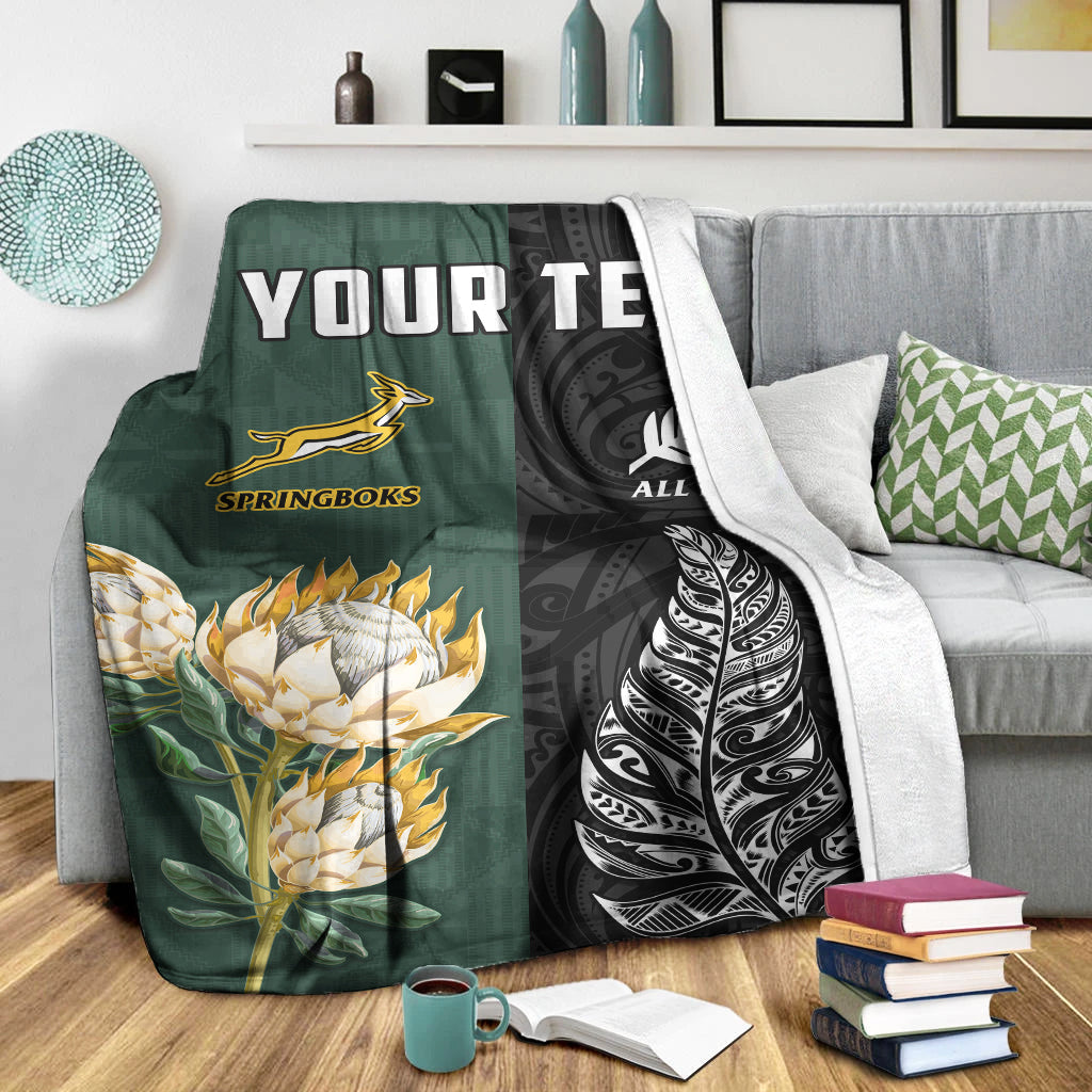 (Custom Personalised) South Africa Protea and New Zealand Fern Premium Blanket Rugby Go Springboks vs All Black - Vibe Hoodie Shop