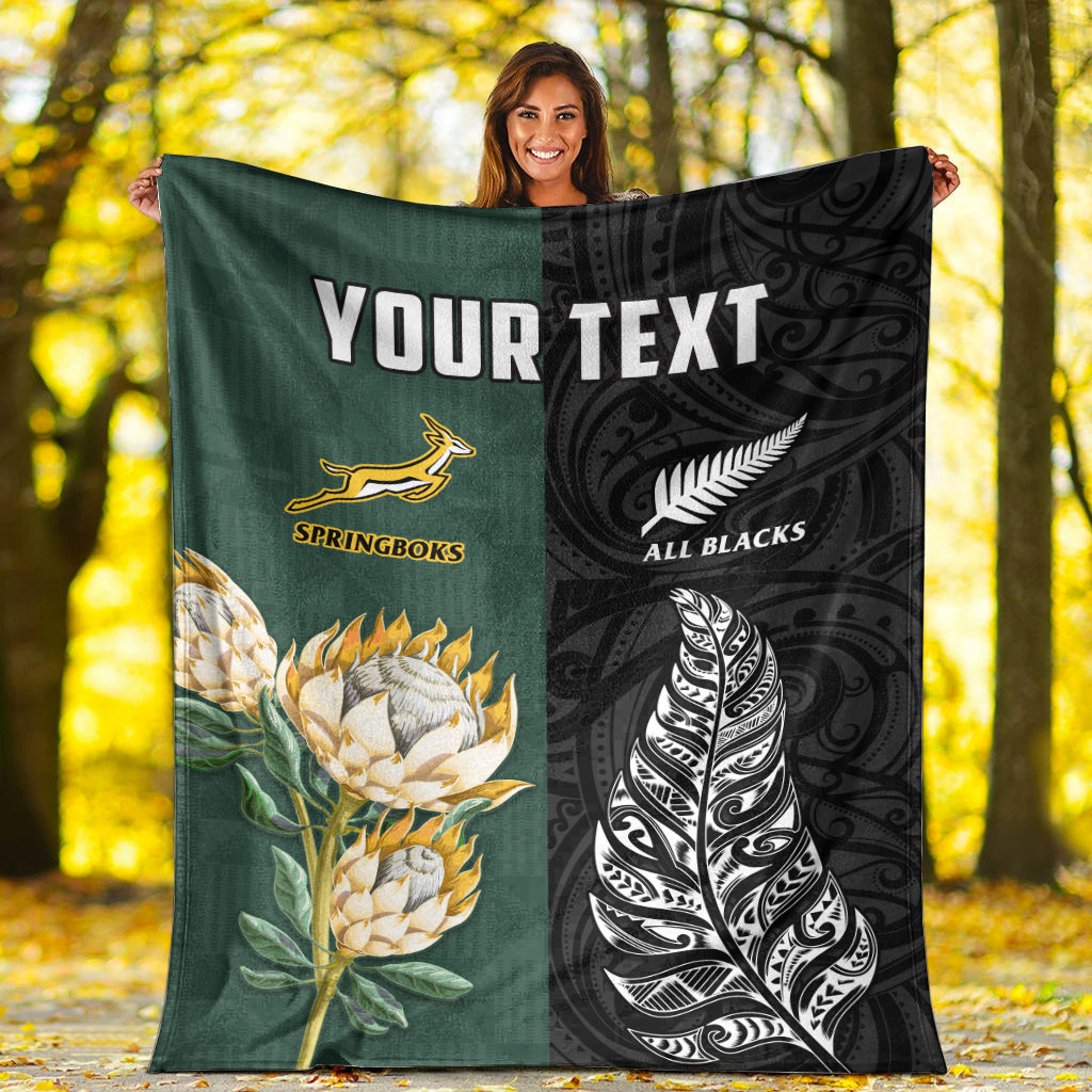 (Custom Personalised) South Africa Protea and New Zealand Fern Premium Blanket Rugby Go Springboks vs All Black - Vibe Hoodie Shop