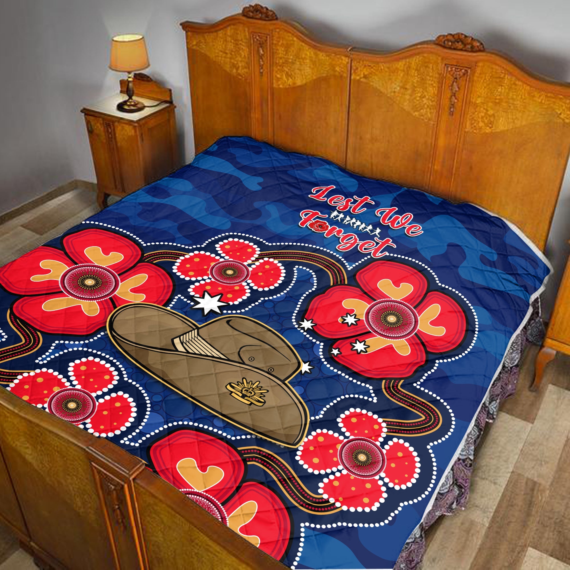 Australia ANZAC Premium Quilt Lest We Forget Camouflage Mix Aboriginal Poppies And Slouch Hat - Vibe Hoodie Shop