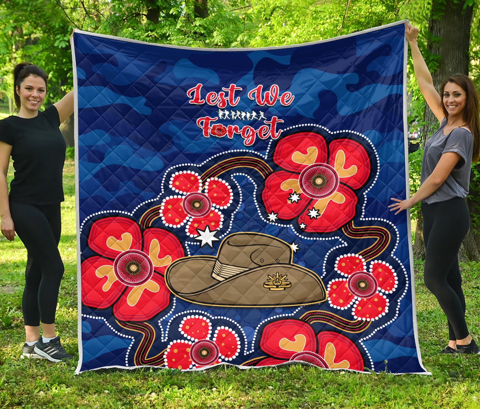 Australia ANZAC Premium Quilt Lest We Forget Camouflage Mix Aboriginal Poppies And Slouch Hat - Vibe Hoodie Shop