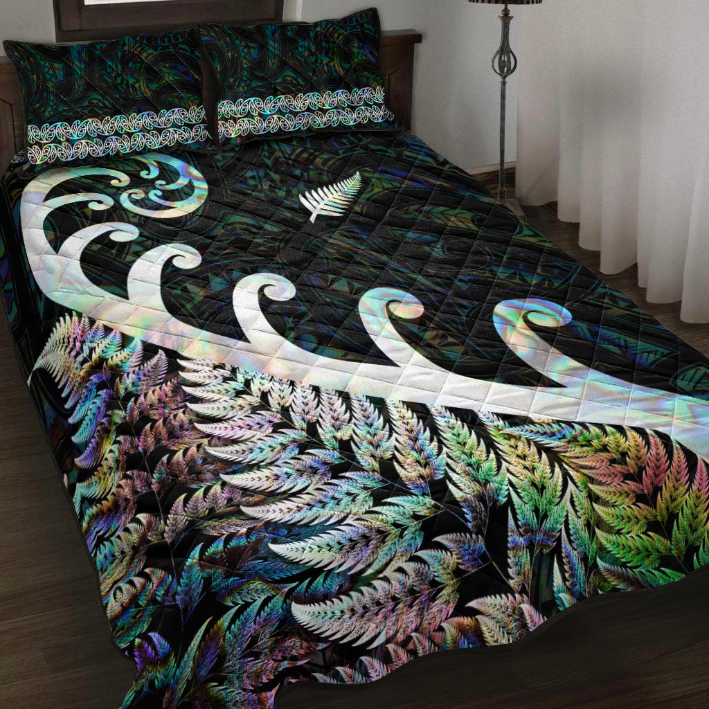 New Zealand Rugby Maori Quilt Bed Set Silver Fern Koru Vibes - Paua Shell - Vibe Hoodie Shop