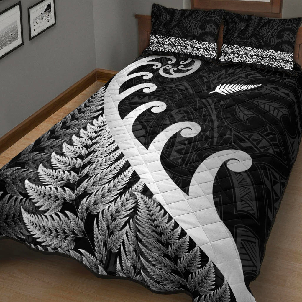 New Zealand Rugby Maori Quilt Bed Set Silver Fern Koru Vibes - Black - Vibe Hoodie Shop