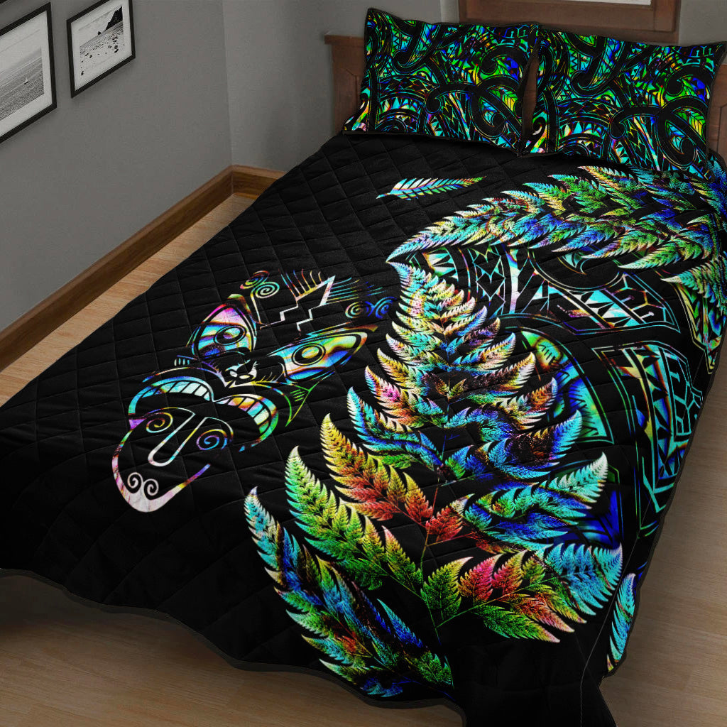 New Zealand Haka Rugby Maori Quilt Bed Set Silver Fern Vibes - Paua Shell - Vibe Hoodie Shop
