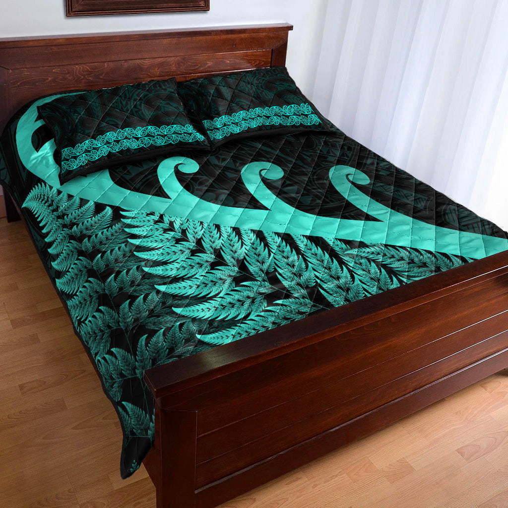 New Zealand Rugby Maori Quilt Bed Set Silver Fern Koru Vibes - Turquoise - Vibe Hoodie Shop