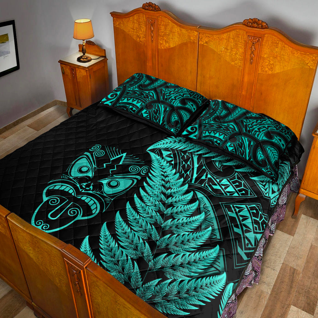 New Zealand Haka Rugby Maori Quilt Bed Set Silver Fern Vibes - Turquoise - Vibe Hoodie Shop