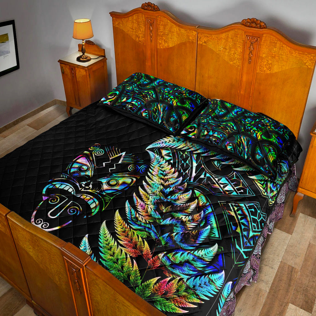 New Zealand Haka Rugby Maori Quilt Bed Set Silver Fern Vibes - Paua Shell - Vibe Hoodie Shop
