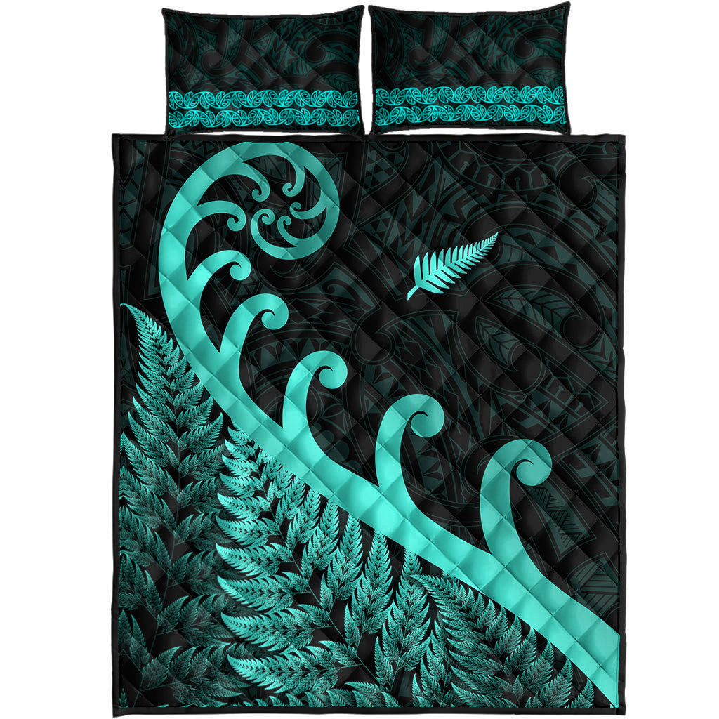 New Zealand Rugby Maori Quilt Bed Set Silver Fern Koru Vibes - Turquoise - Vibe Hoodie Shop