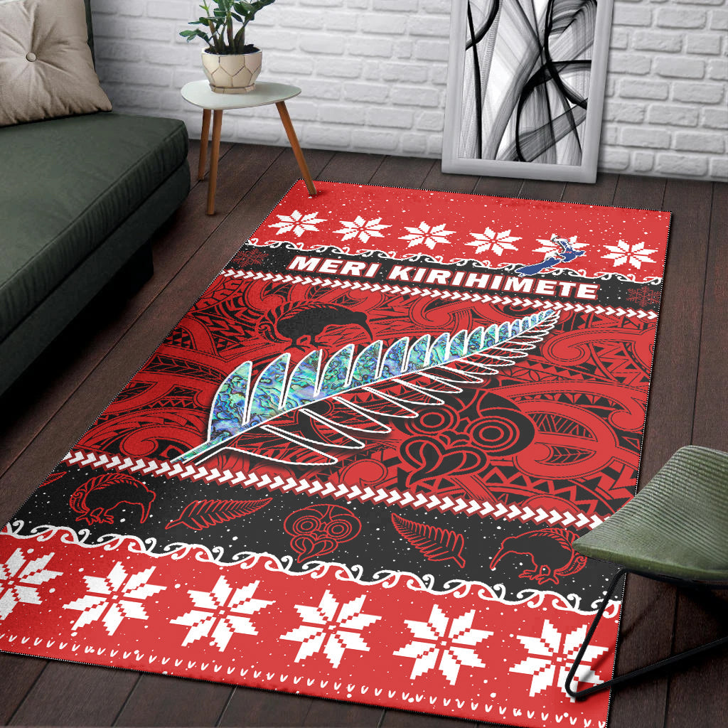 New Zealand Christmas Area Rug Paua Shell Silver Fern Meri Kirihimete - Vibe Hoodie Shop