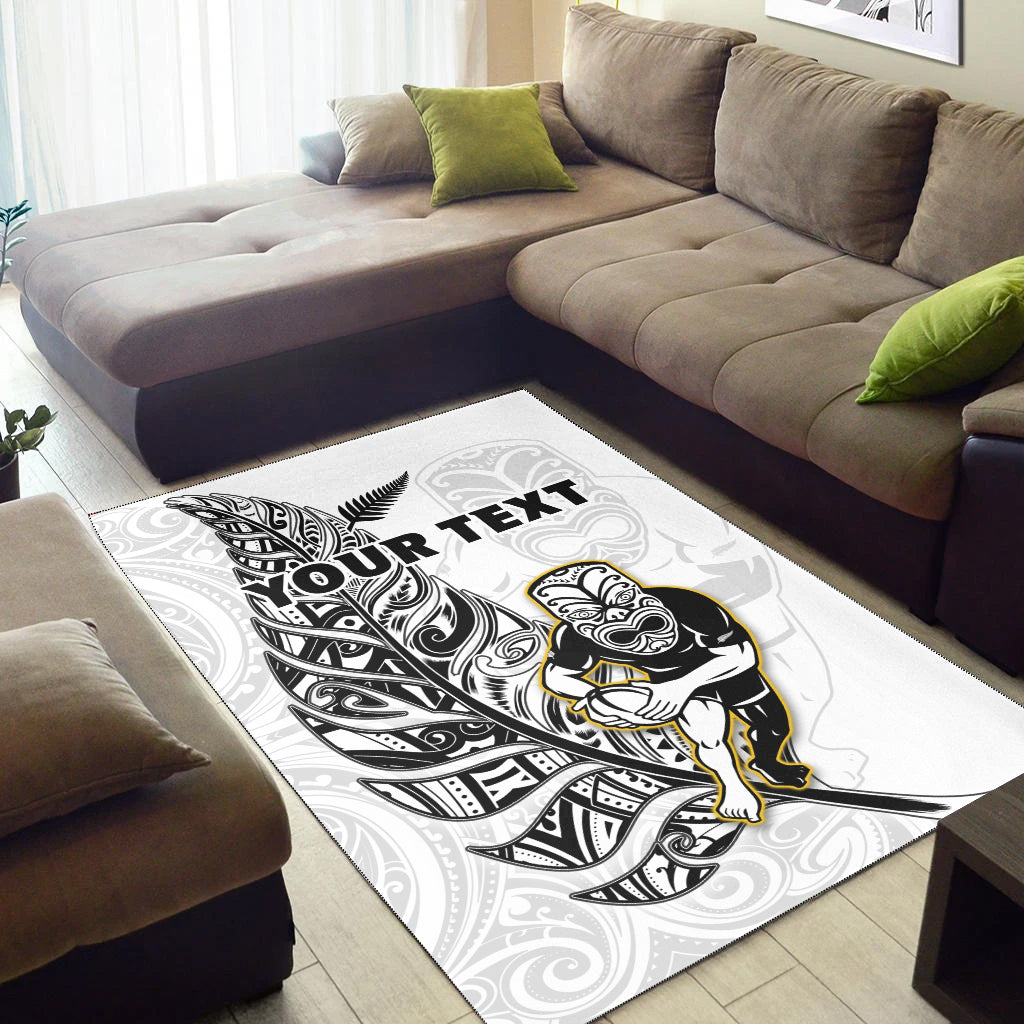 (Custom Personalised) New Zealand Silver Fern Rugby Area Rug All Black Maori Version White - Vibe Hoodie Shop