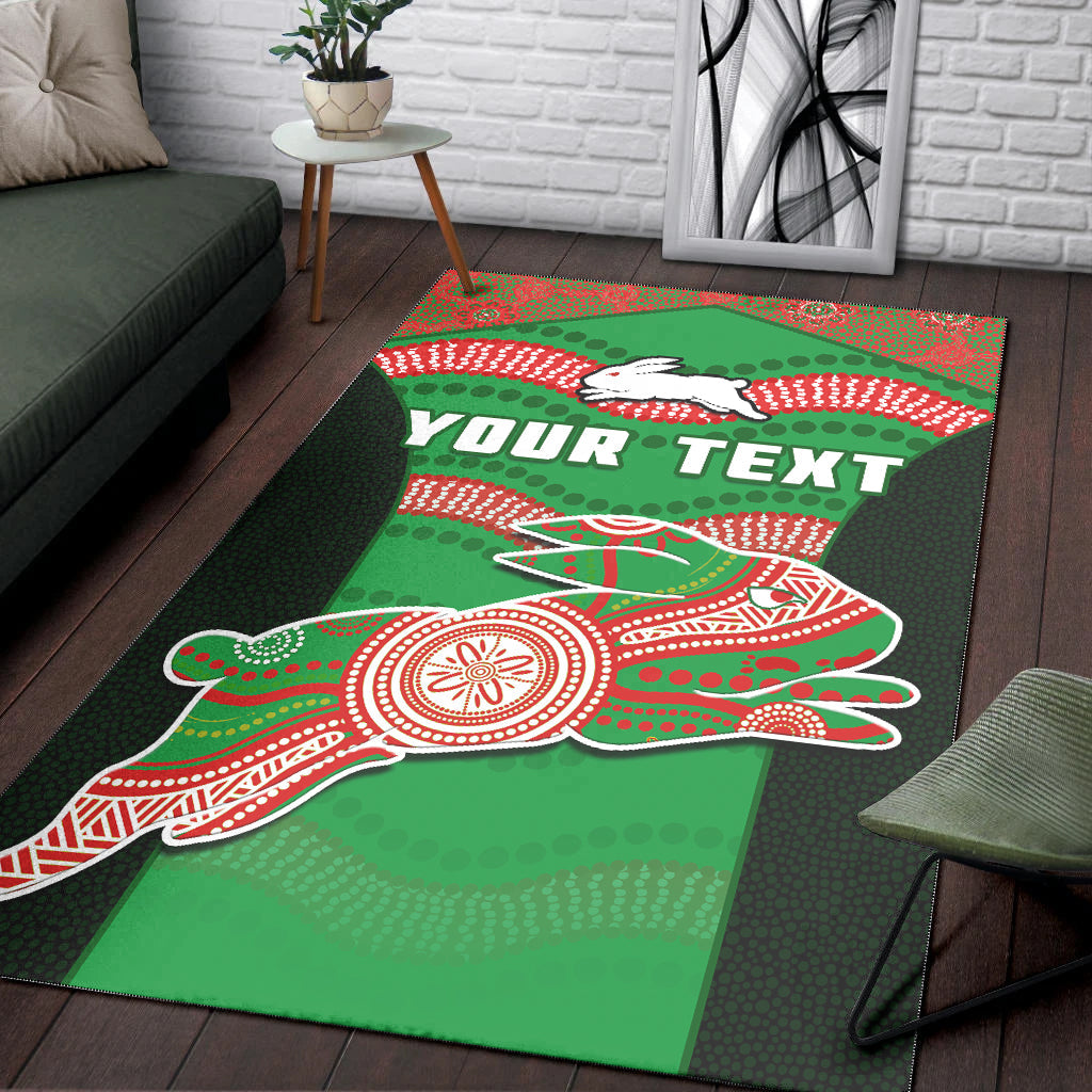 (Custom Personalised) Rabbitohs Rugby Area Rug Souths 1908 Aboriginal Dot Painting Go Bunnies - Vibe Hoodie Shop