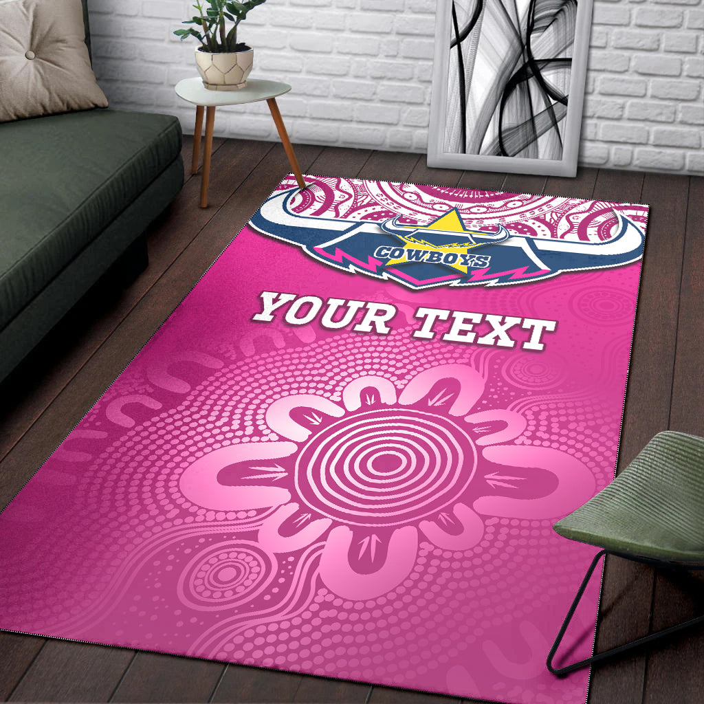 (Custom Personalised) Cowboys Rugby Area Rug Aboriginal Pattern Pink Version - Vibe Hoodie Shop