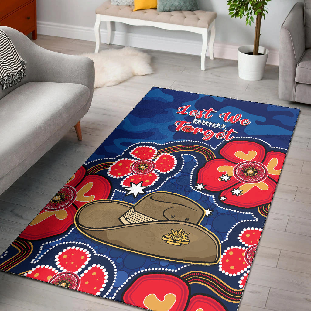 Australia ANZAC Area Rug Lest We Forget Camouflage Mix Aboriginal Poppies And Slouch Hat - Vibe Hoodie Shop