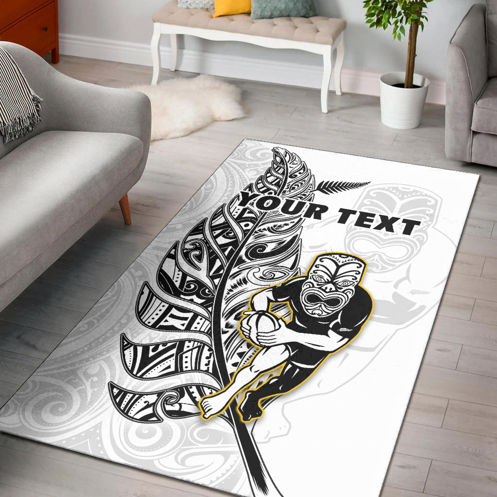 (Custom Personalised) New Zealand Silver Fern Rugby Area Rug All Black Maori Version White - Vibe Hoodie Shop