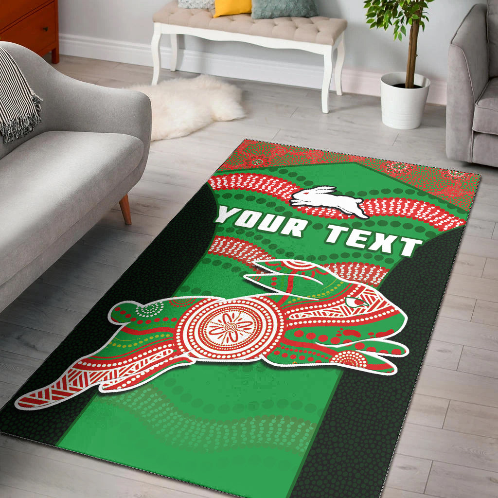 (Custom Personalised) Rabbitohs Rugby Area Rug Souths 1908 Aboriginal Dot Painting Go Bunnies - Vibe Hoodie Shop