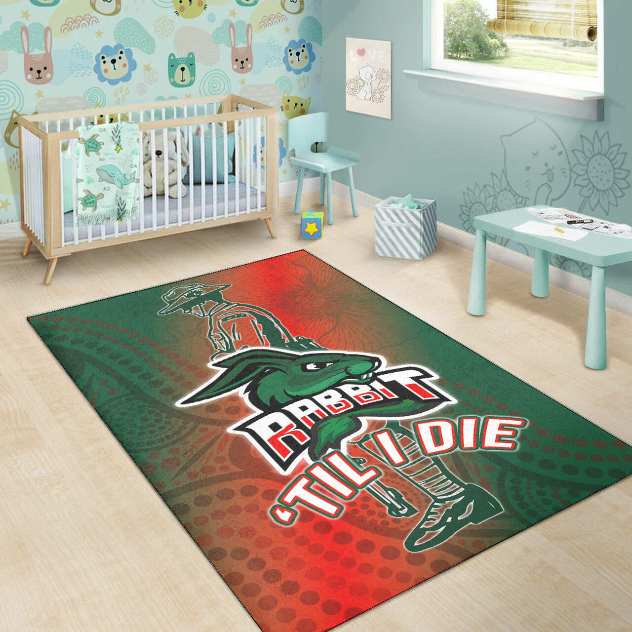 Rabbitohs Rugby Area Rug - Custom ANZAC Rabbit Sport With Aboriginal Patterns Area Rug LT10 - Vibe Hoodie Shop