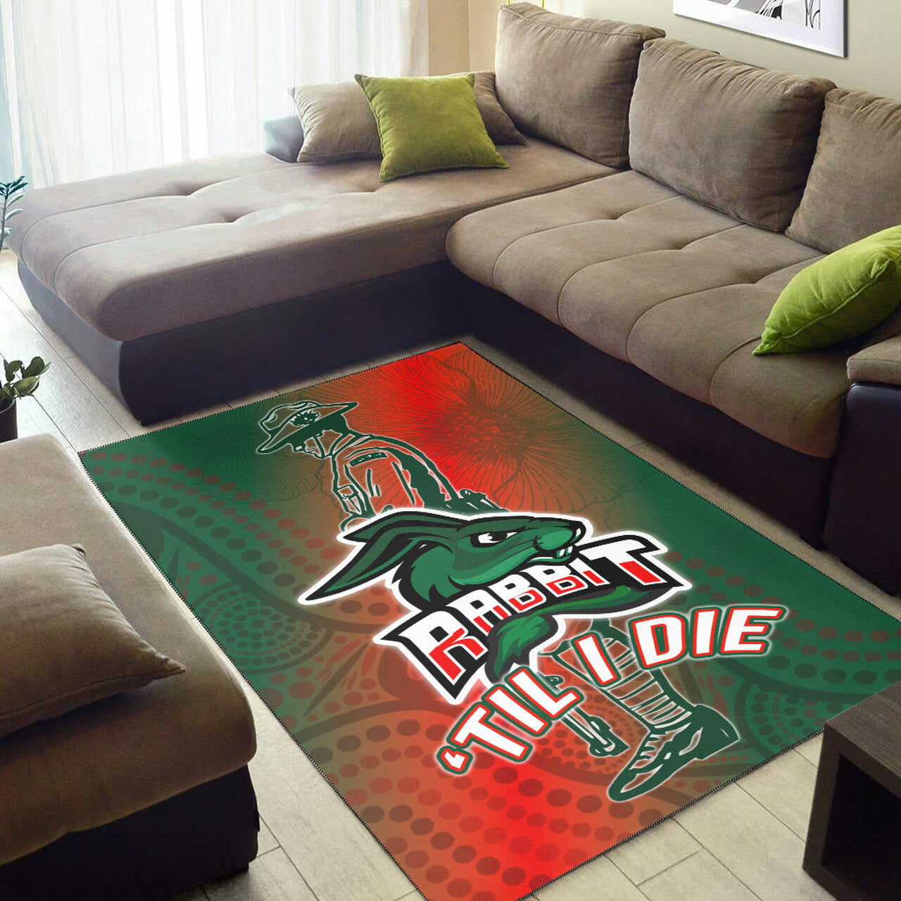 Rabbitohs Rugby Area Rug - Custom ANZAC Rabbit Sport With Aboriginal Patterns Area Rug LT10 - Vibe Hoodie Shop