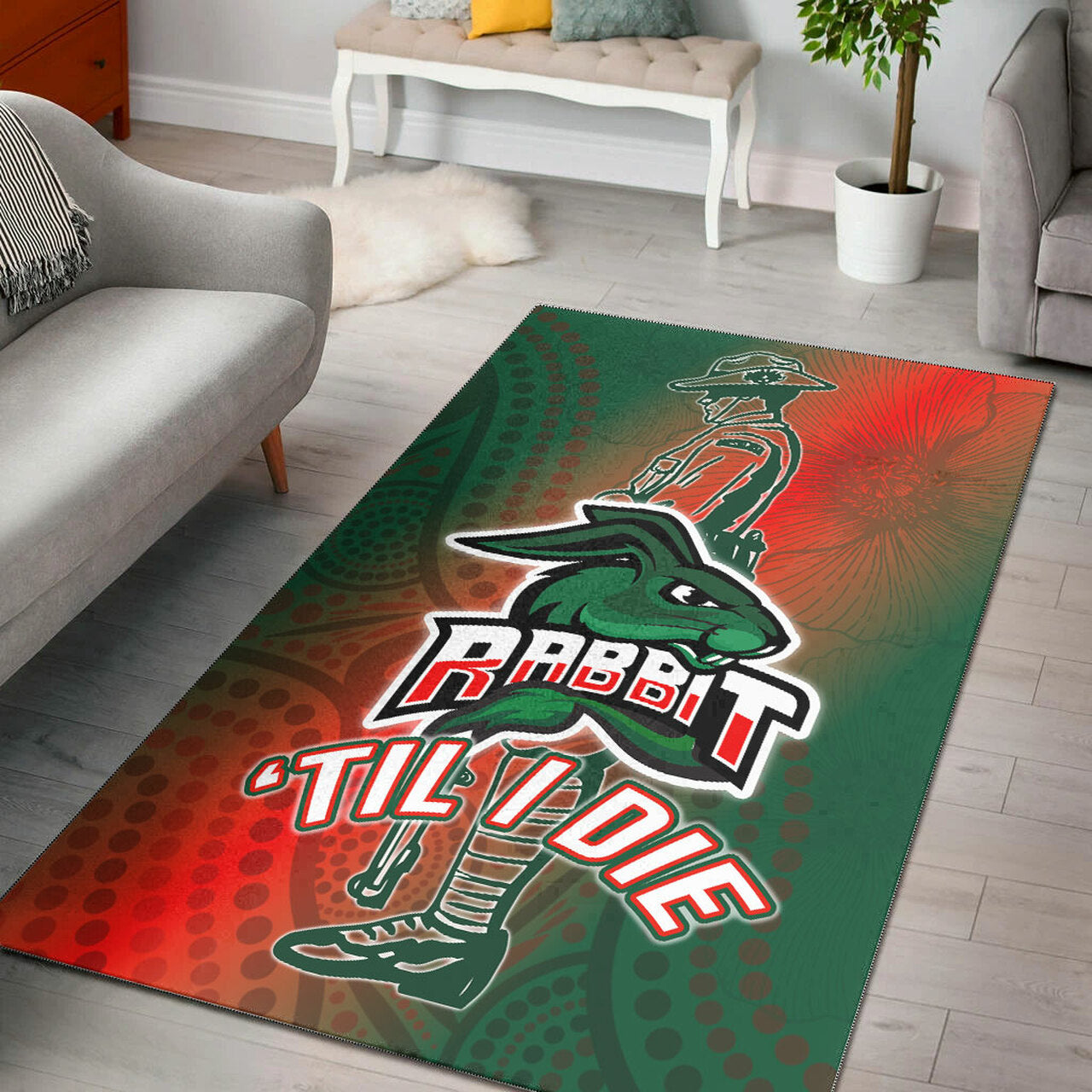 Rabbitohs Rugby Area Rug - Custom ANZAC Rabbit Sport With Aboriginal Patterns Area Rug LT10 - Vibe Hoodie Shop