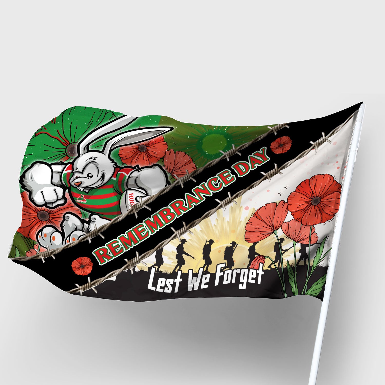 Rabbitohs Rugby Flag - Custom Remembrance Day LEST WE FORGET Flag - Vibe Hoodie Shop