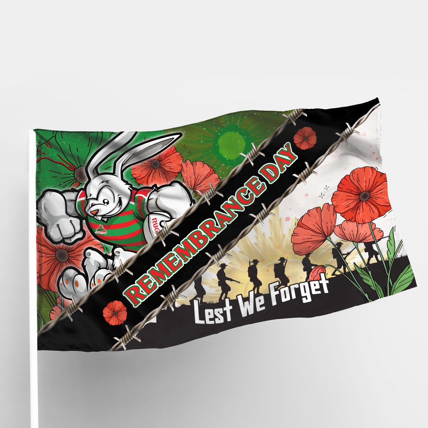 Rabbitohs Rugby Flag - Custom Remembrance Day LEST WE FORGET Flag - Vibe Hoodie Shop