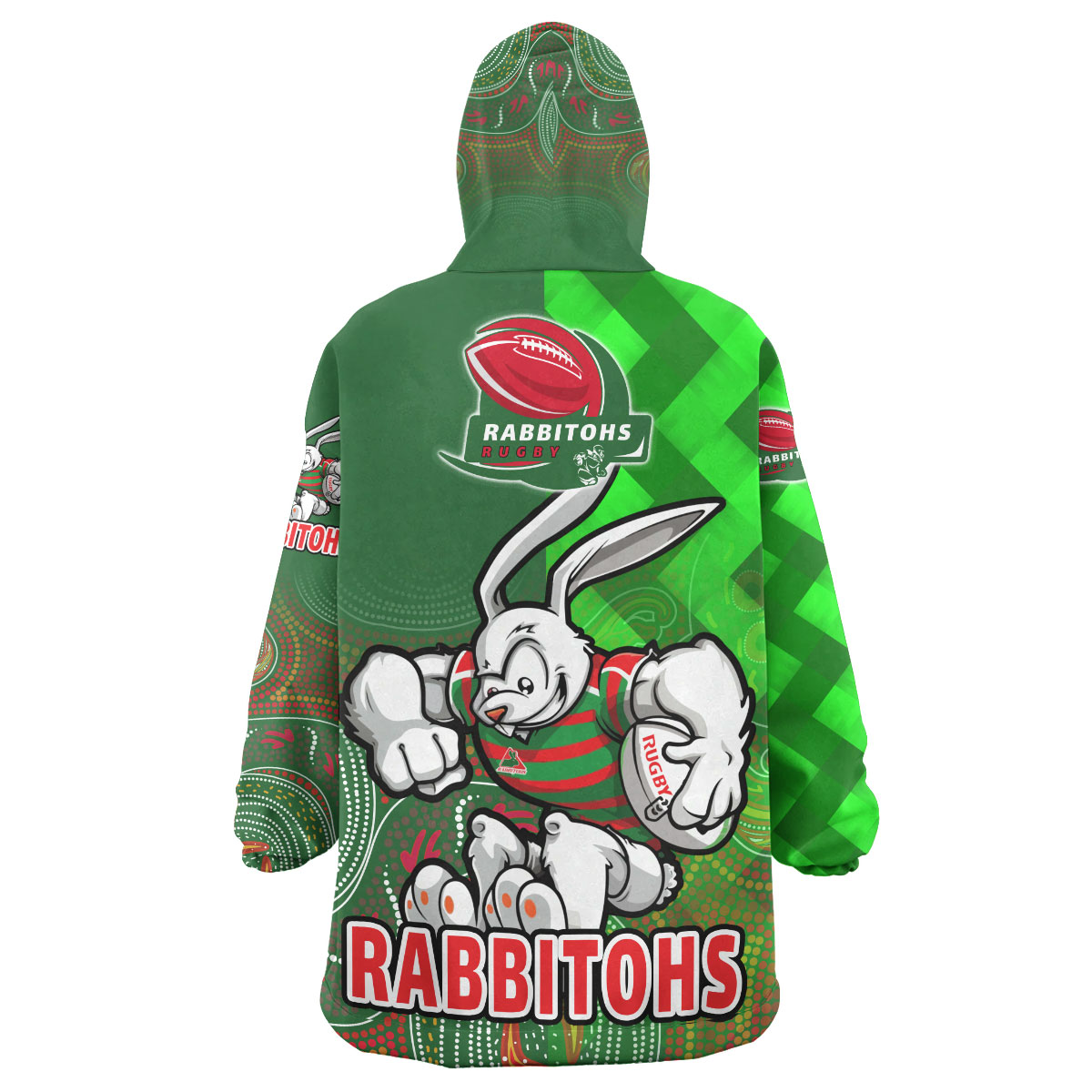 Rabbitohs Rugby Snug Hoodie - Custom RABBITOHS PRIDE OF THE LEAGUE Aboriginal Patterns Wearable Blanket Hoodie - Vibe Hoodie Shop