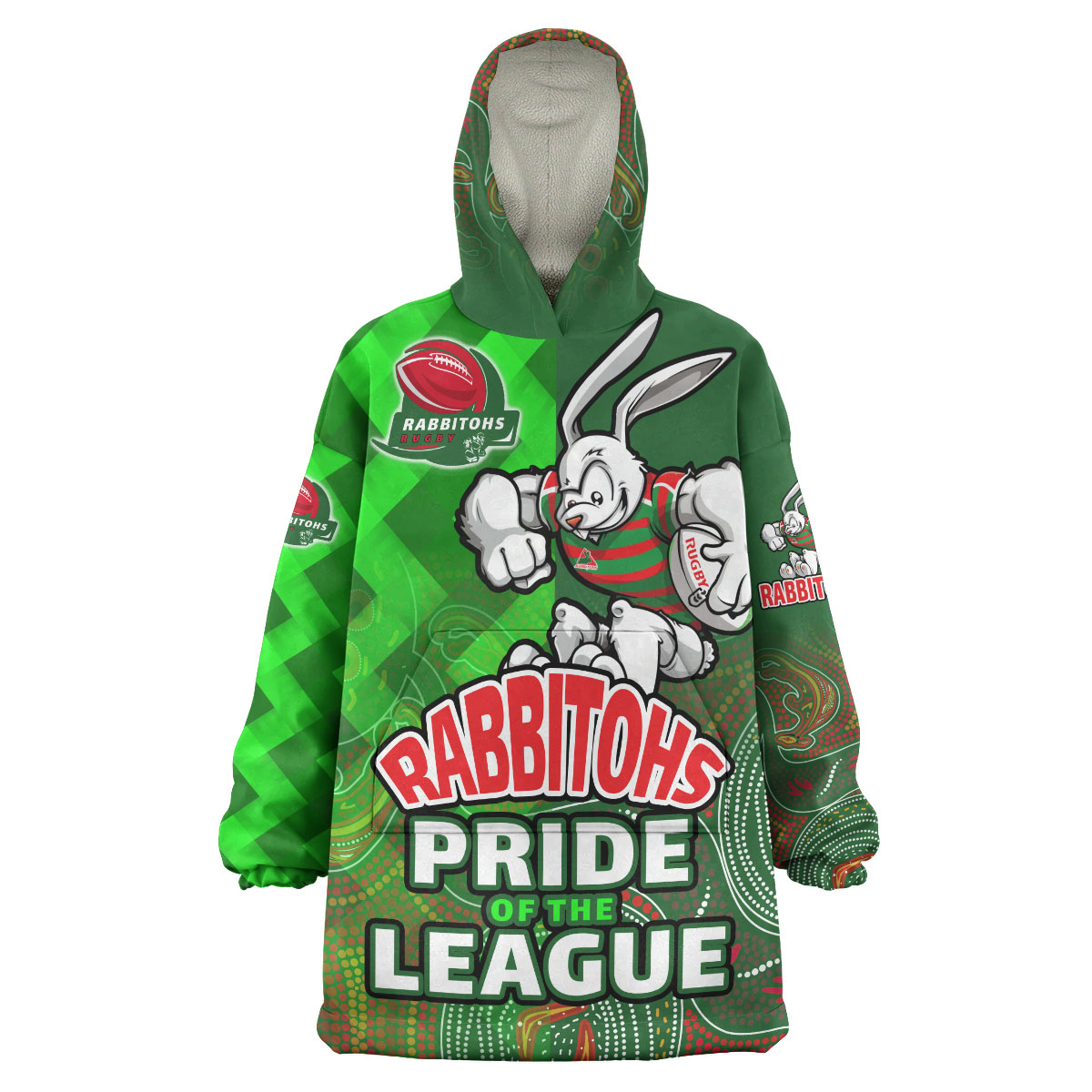 Rabbitohs Rugby Snug Hoodie - Custom RABBITOHS PRIDE OF THE LEAGUE Aboriginal Patterns Wearable Blanket Hoodie - Vibe Hoodie Shop