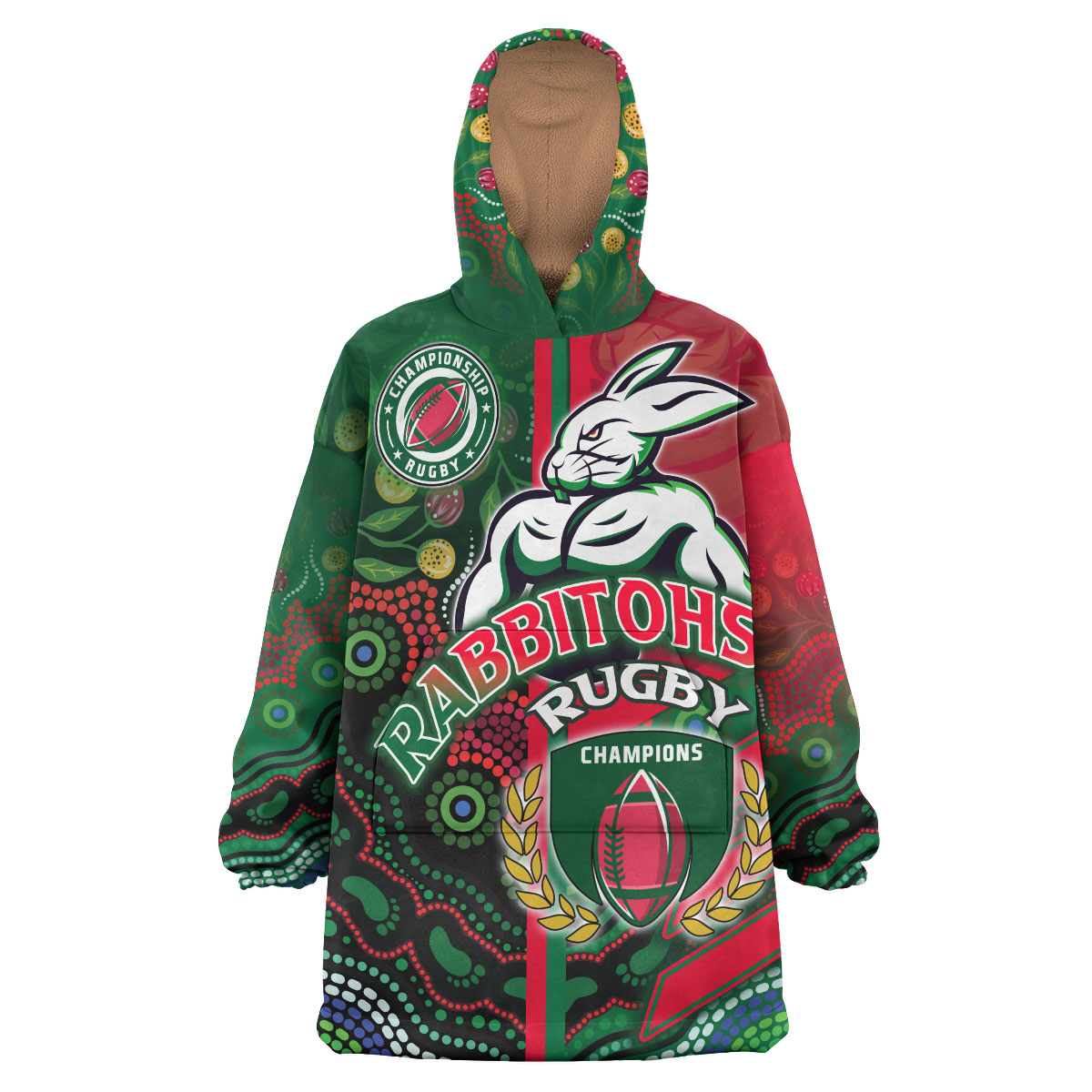 Rabbitohs Rugby Snug Hoodie - Custom Rabbitohs Rugby Ball Aboriginal Indigenous Sport Style Wearable Blanket Hoodie - Vibe Hoodie Shop