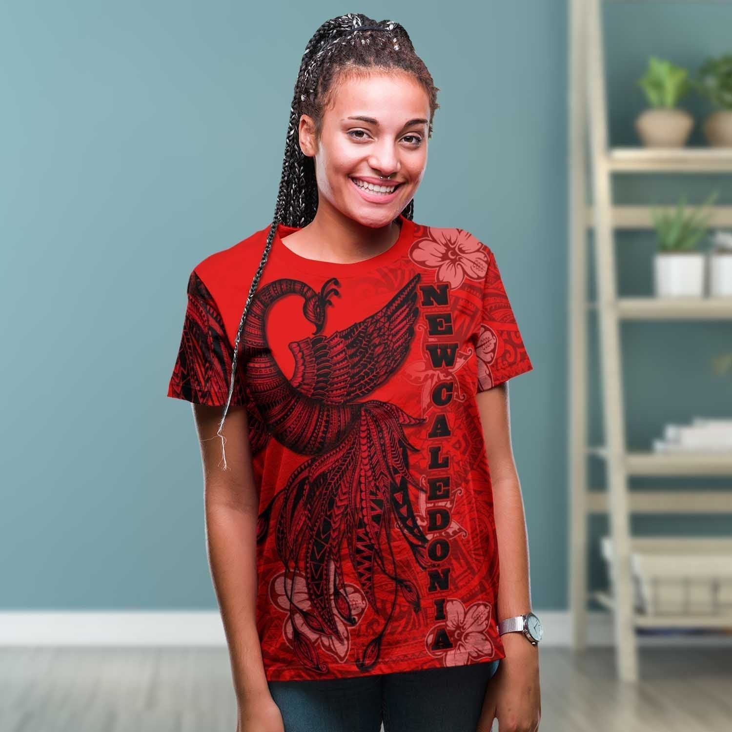 New Caledonia T shirt - Polynesian Phoenix Bird, Fairytales Bird Red - Vibe Hoodie Shop