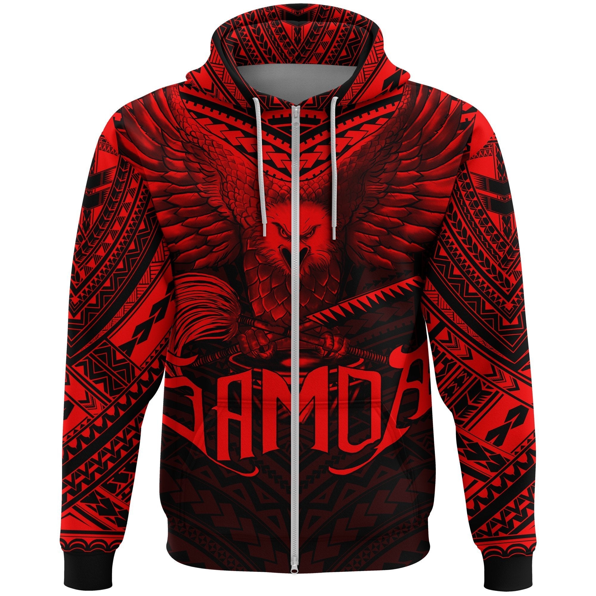 American Samoa Zip Hoodie Eagle Tattoo Style Red - Vibe Hoodie Shop