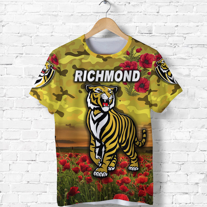 (Custom Personalised) Richmond Tigers ANZAC T shirt Poppy Vibes - Yellow - Vibe Hoodie Shop