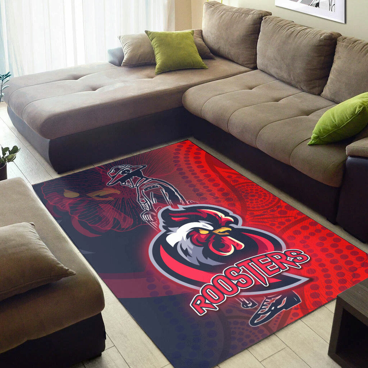 Roosters Rugby Area Rug - Custom ANZAC Roosters Sport With Aboriginal Patterns Area Rug LT10 - Vibe Hoodie Shop