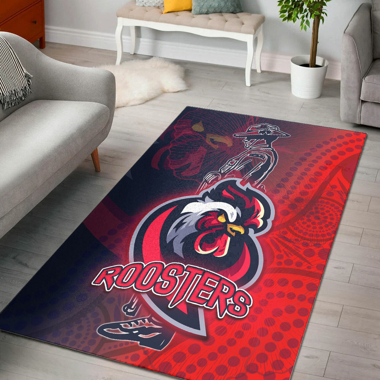 Roosters Rugby Area Rug - Custom ANZAC Roosters Sport With Aboriginal Patterns Area Rug LT10 - Vibe Hoodie Shop