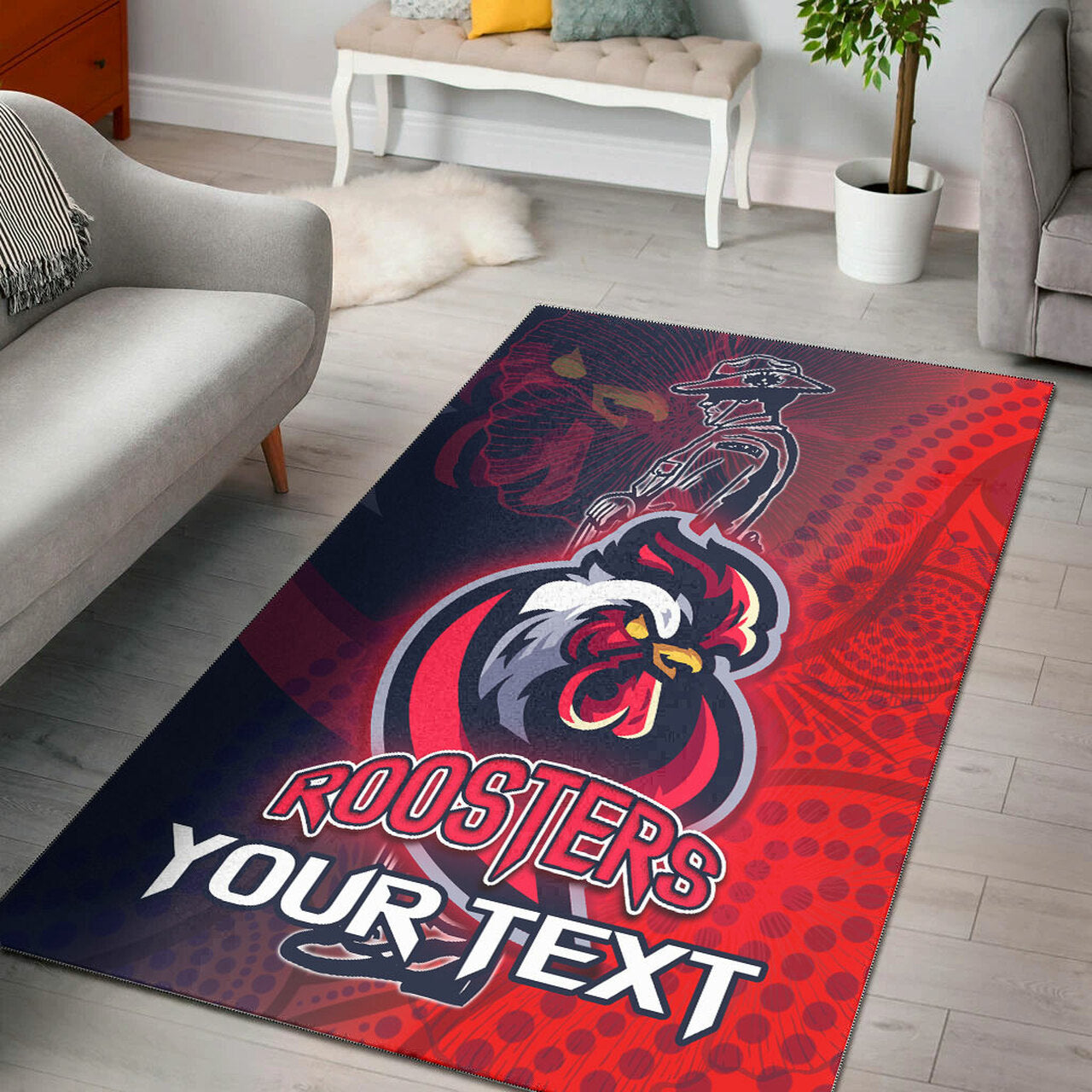 Roosters Rugby Area Rug - Custom ANZAC Roosters Sport With Aboriginal Patterns Area Rug LT10 - Vibe Hoodie Shop