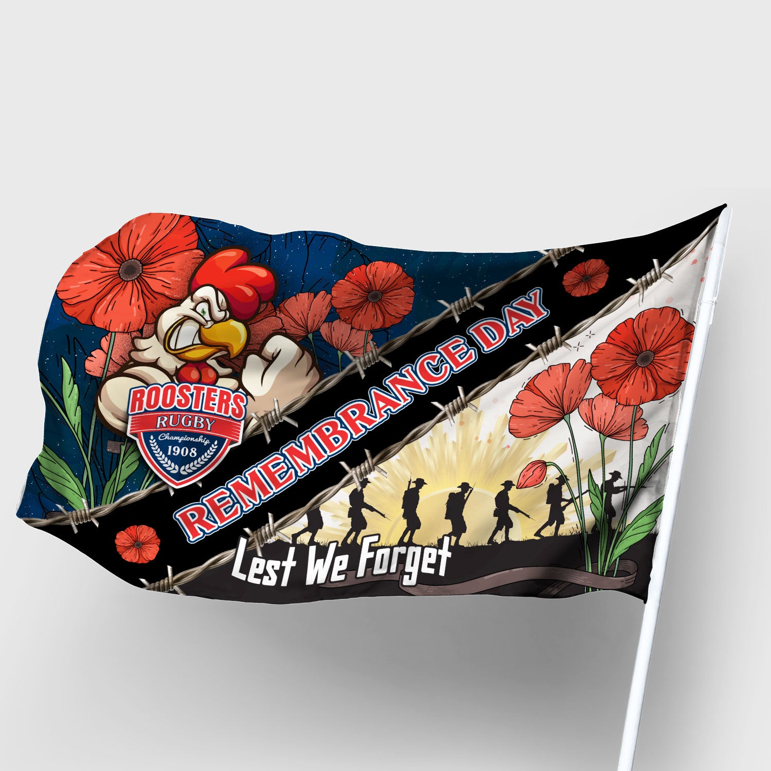 Roosters Rugby Flag - Remembrance Day LEST WE FORGET Flag - Vibe Hoodie Shop