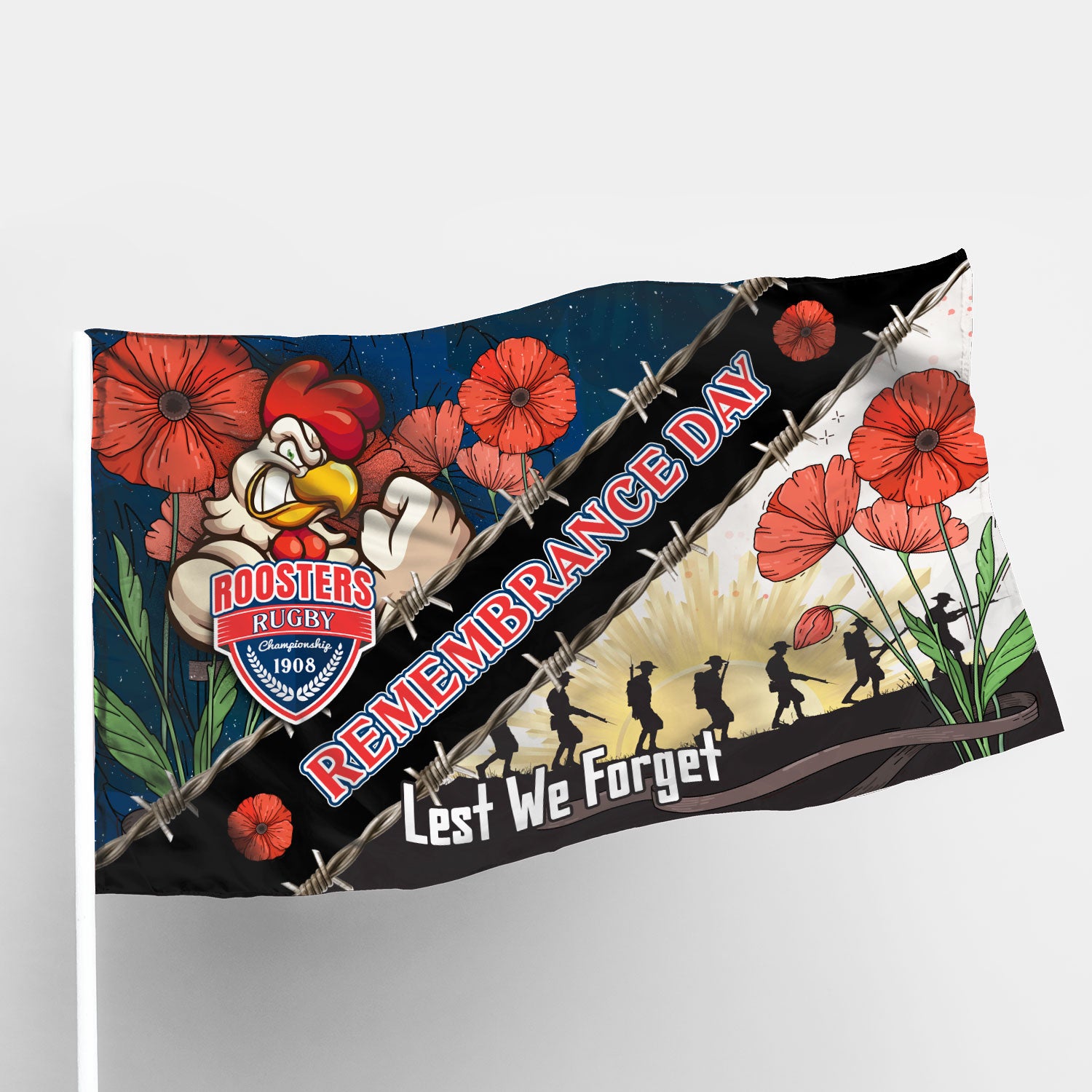 Roosters Rugby Flag - Remembrance Day LEST WE FORGET Flag - Vibe Hoodie Shop