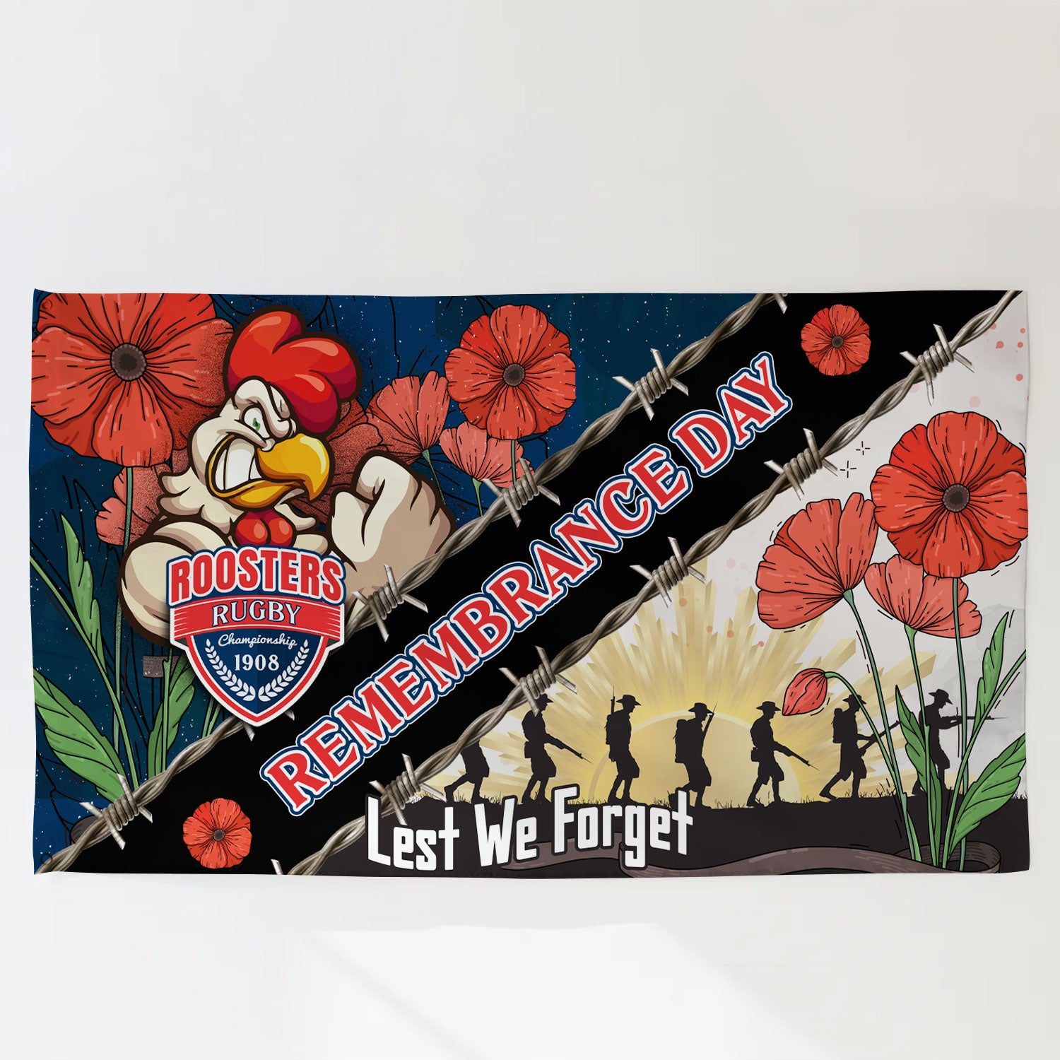 Roosters Rugby Flag - Remembrance Day LEST WE FORGET Flag - Vibe Hoodie Shop