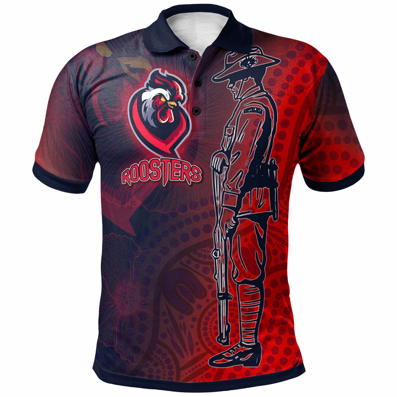 Roosters Rugby Polo Shirt - Custom ANZAC Roosters Sport With Aboriginal Patterns Polo Shirt LT10 - Vibe Hoodie Shop