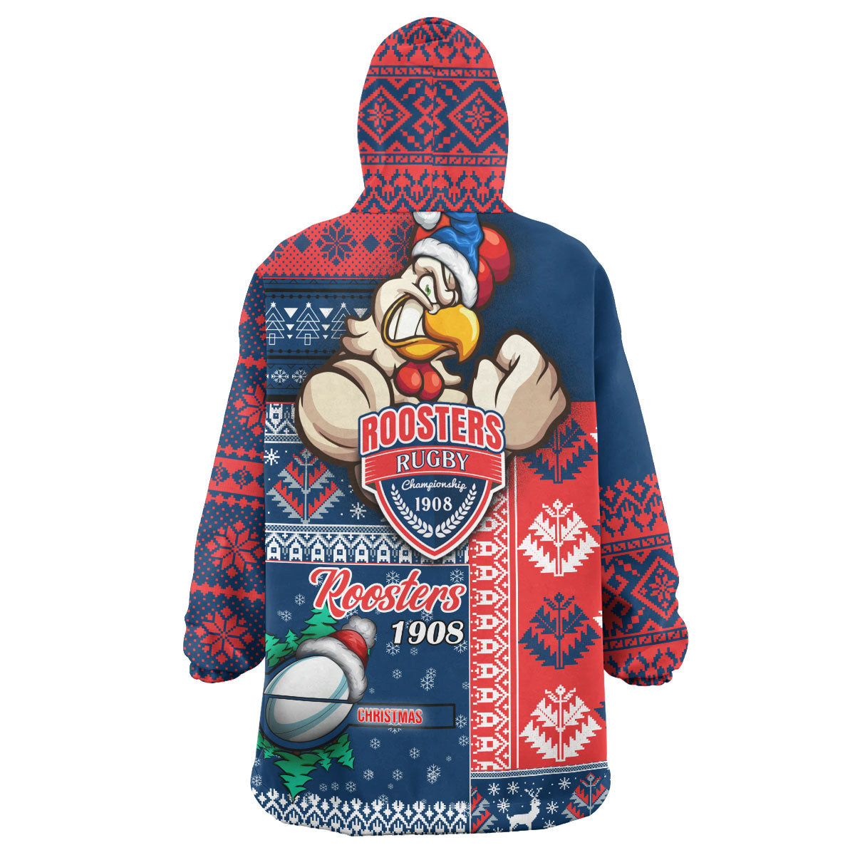 Roosters Rugby Snug Hoodie - Custom Christmas Snowflakes Roosters Mascot Wearable Blanket Hoodie - Vibe Hoodie Shop