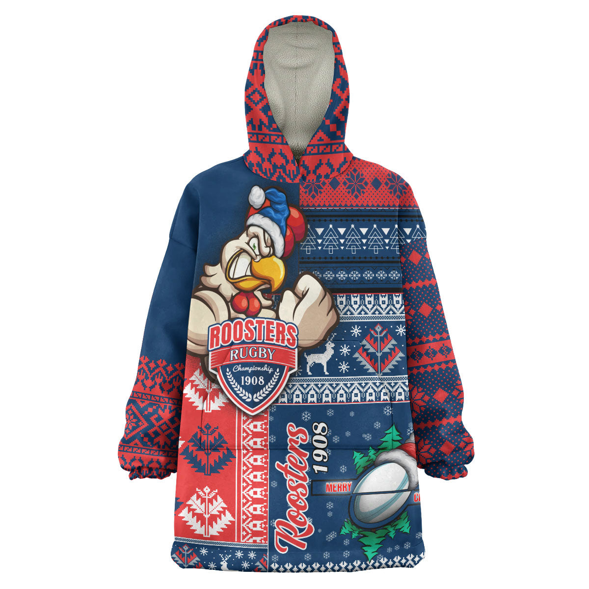 Roosters Rugby Snug Hoodie - Custom Christmas Snowflakes Roosters Mascot Wearable Blanket Hoodie - Vibe Hoodie Shop
