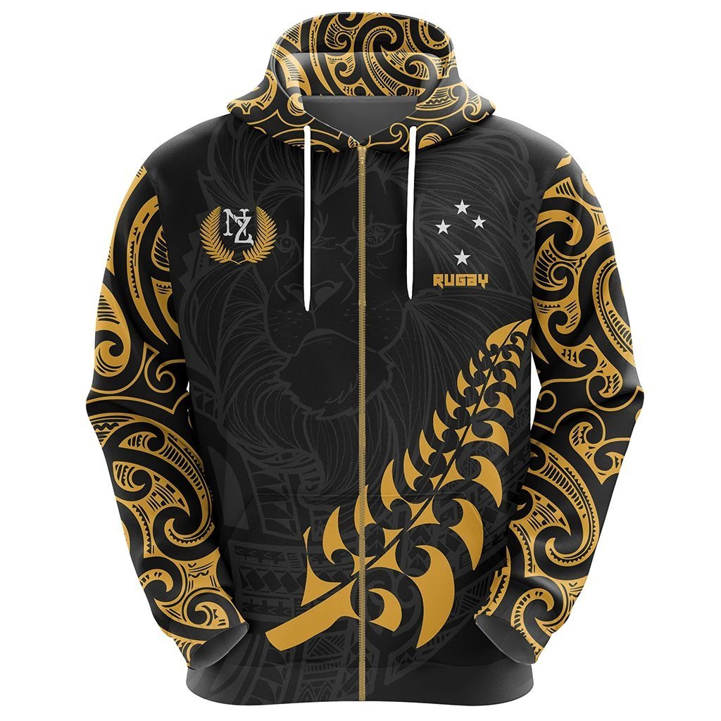 New Zealand Rugby Hoodie, Maori Lion Rugby Zip Up Hoodie - Vibe Hoodie Shop