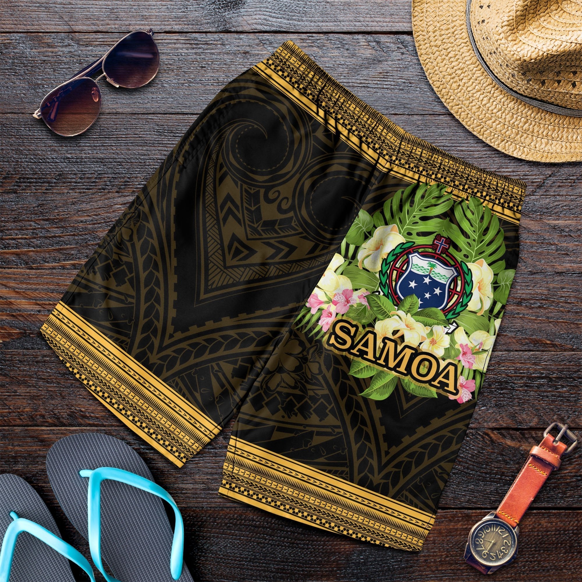 Samoa Men's Shorts - Polynesian Gold Patterns Collection - Vibe Hoodie Shop