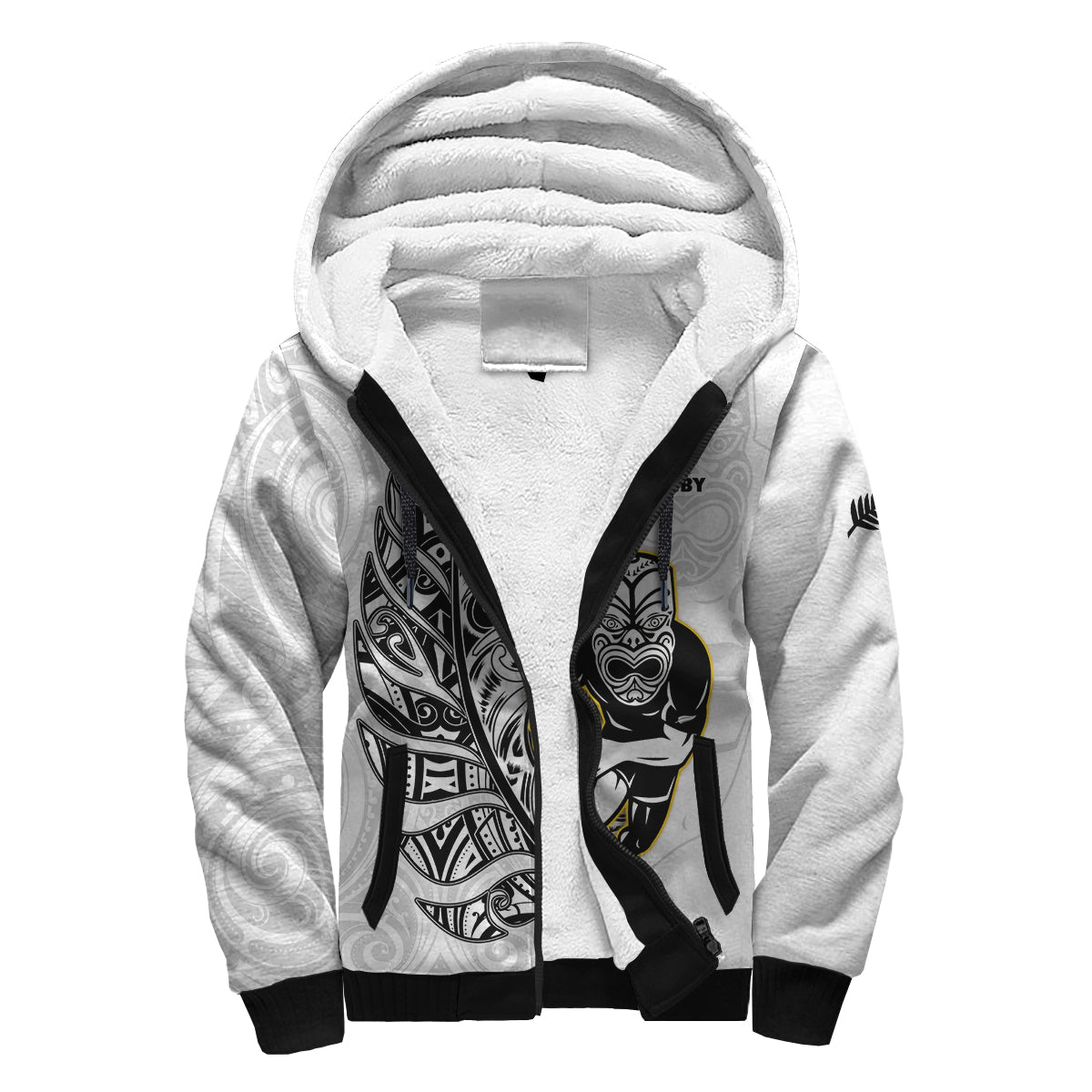 (Custom Text And Number) New Zealand Silver Fern Rugby Sherpa Hoodie All Black Maori Version White - Vibe Hoodie Shop