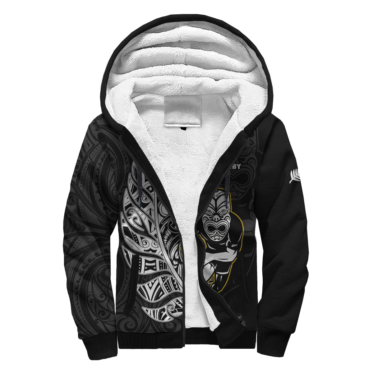 (Custom Text And Number) New Zealand Silver Fern Rugby Sherpa Hoodie All Black Maori Version Black - Vibe Hoodie Shop