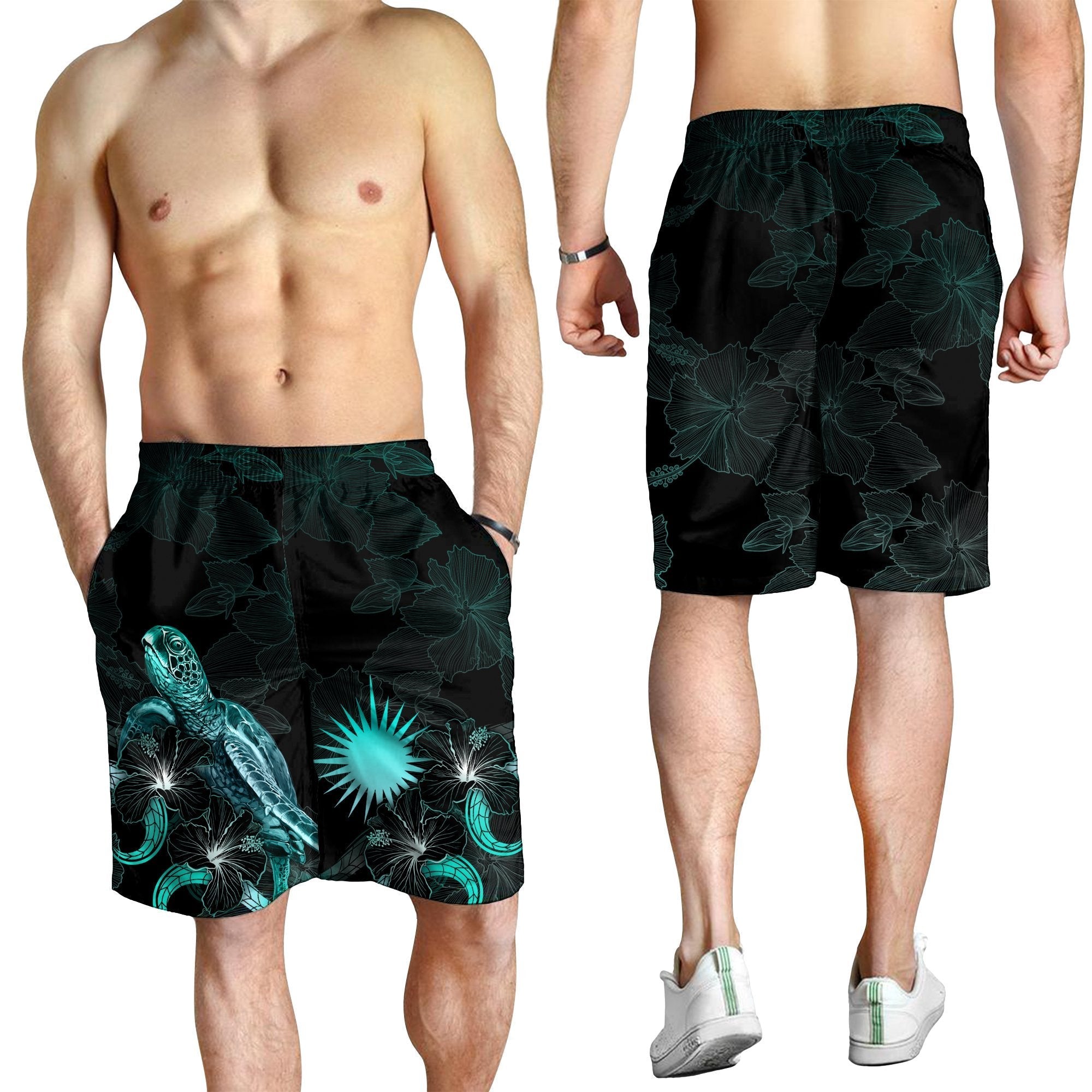 Marshall Islands Polynesian Men's Shorts - Turtle With Blooming Hibiscus Turquoise - Vibe Hoodie Shop