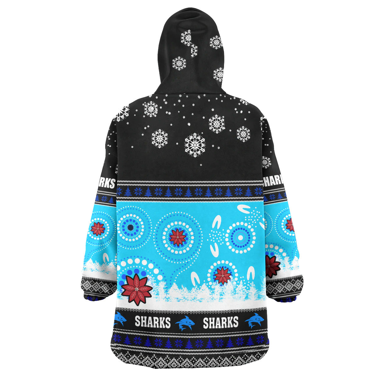 Sharks Rugby Christmas Snug Hoodie - Custom Sharks Ugly Christmas And Aboriginal Patterns Wearable Blanket Hoodie - Vibe Hoodie Shop