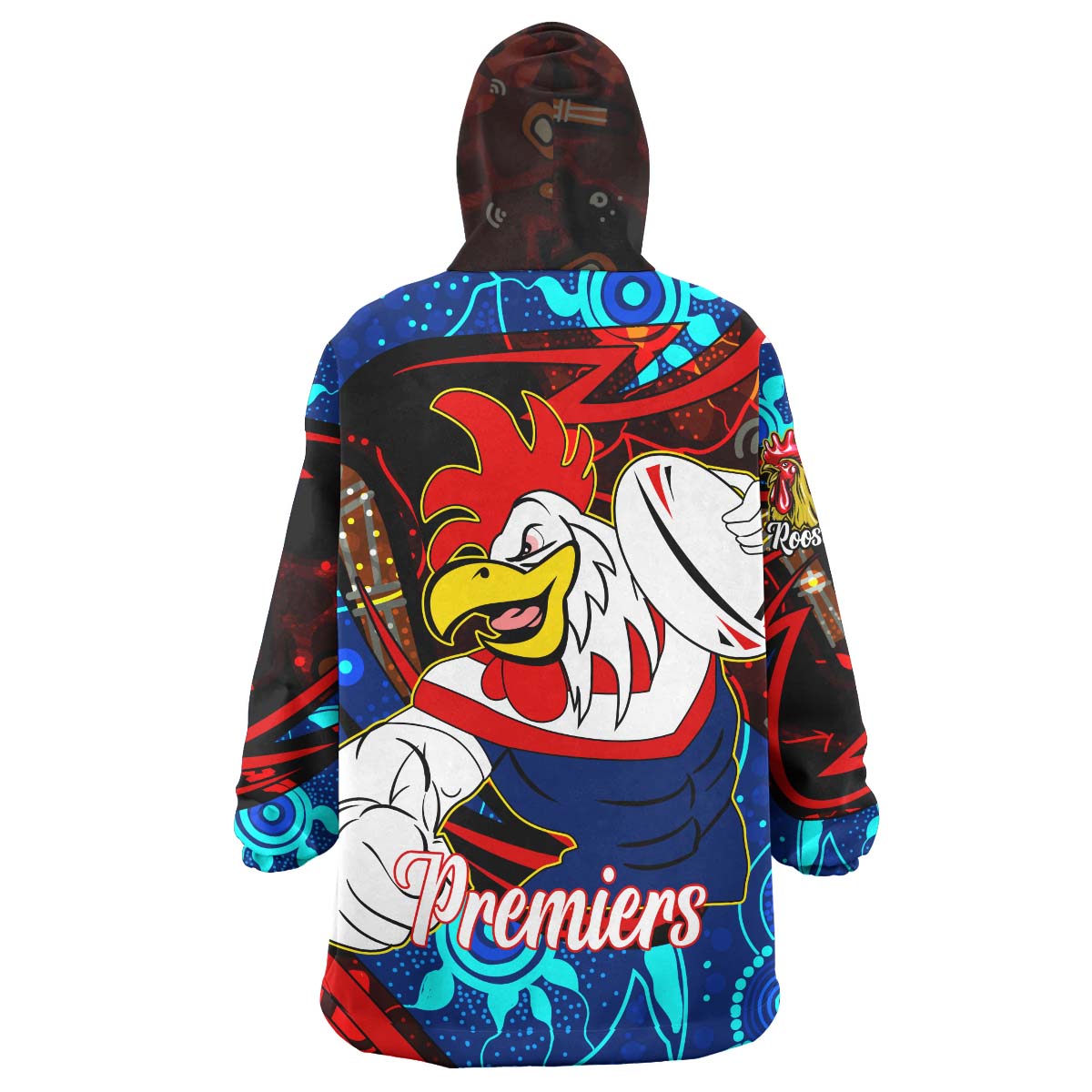 Roosters Rugby Snug Hoodie - Custom Roosters Mascot with Rugby Aboriginal Dot Painting Player And Number Wearable Blanket Hoodie - Vibe Hoodie Shop
